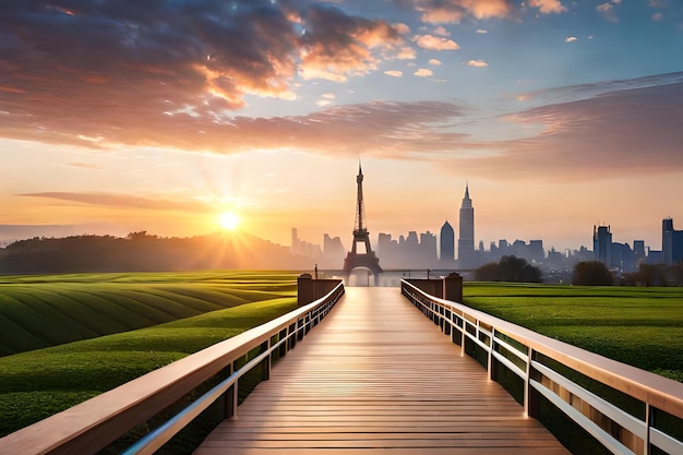 A wooden walkway leads to a city with the eiffel tower in the background.