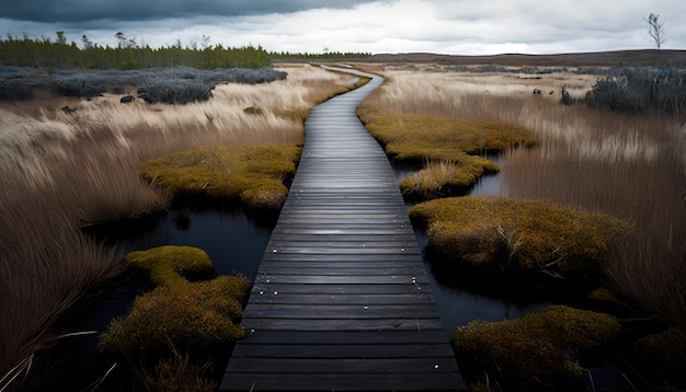 A wooden walkway leads to a field of grass and the sky is cloudy.