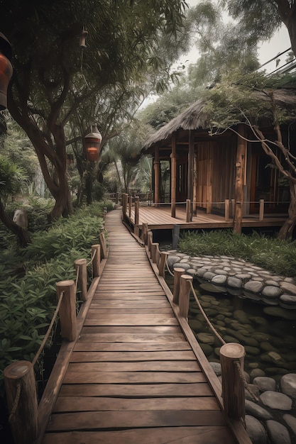 A wooden walkway leads to a house in the forest.