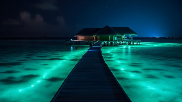 A wooden walkway leads to a house on the water at night