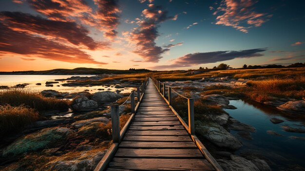 A wooden walkway through a field of grass