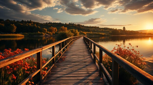 Photo a wooden walkway through a field of grass