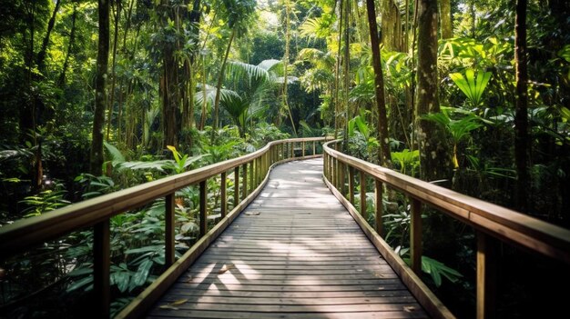 Photo a wooden walkway through the jungle with a forest in the background