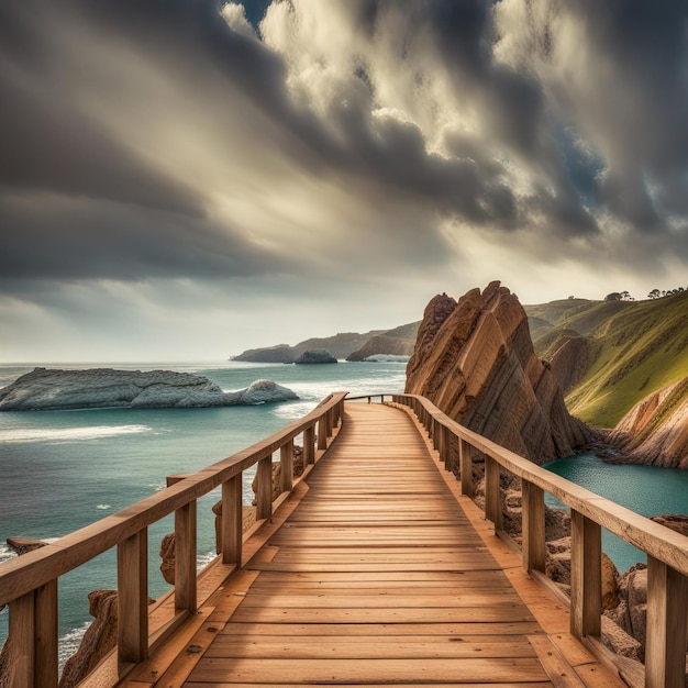 Wooden walkway towards the sea Generative ai