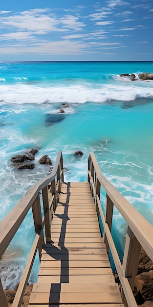 wooden walkway to the water with rocks and blue water