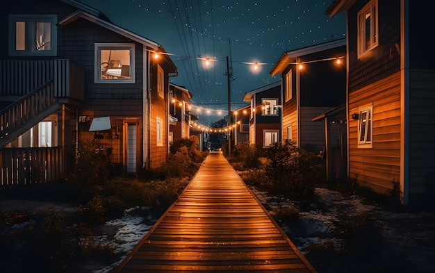 A wooden walkway with lights hanging from the top.