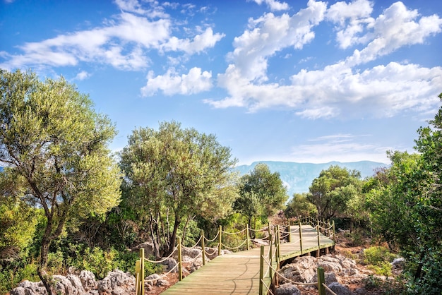 Wooden walkways on Cleopatra island Aegean sea Marmaris Turkiye