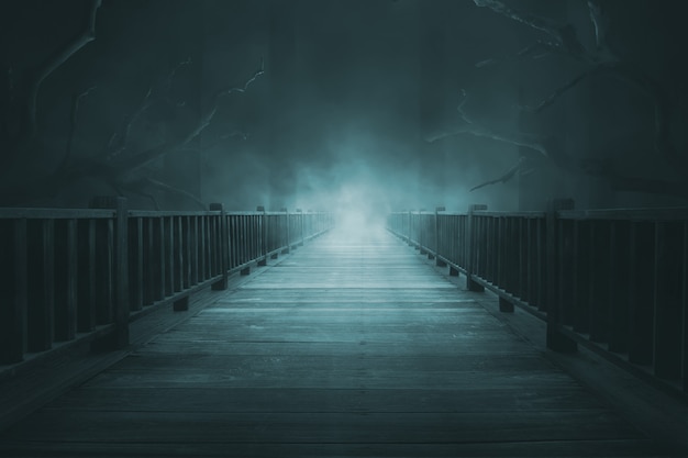 Photo wooden walkways with thick fog