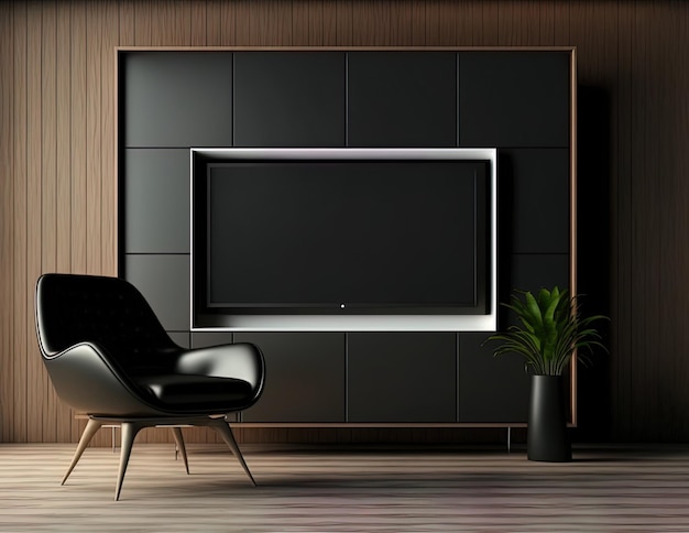 Behind the wooden wall of a contemporary empty room is a cupboard for a television