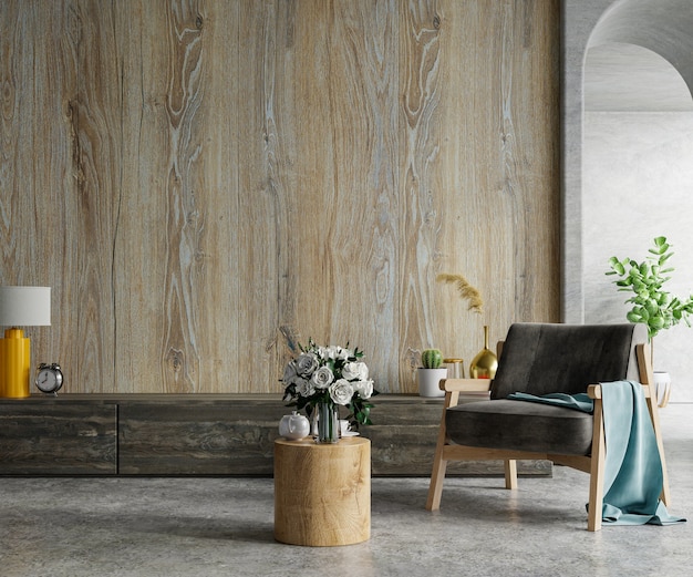 wooden wall mounted in a cement room with armchair.3d rendering