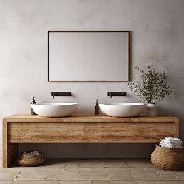 Wooden wall mounted vanity with white vessel sinks on concrete wall Minimalist style interior