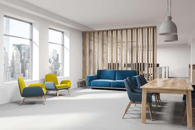 Wooden wall office waiting room corner with a long table, blue chairs, a blue sofa and yellow and blue armchairs. 3d rendering mock up