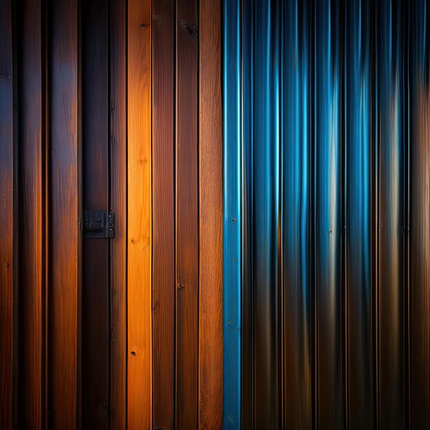 a wooden wall with a blue and orange light on it.