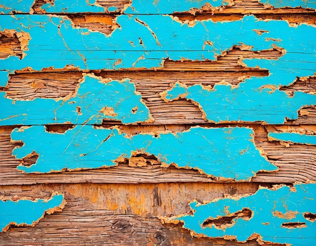 A wooden wall with a blue paint chipping off of it.