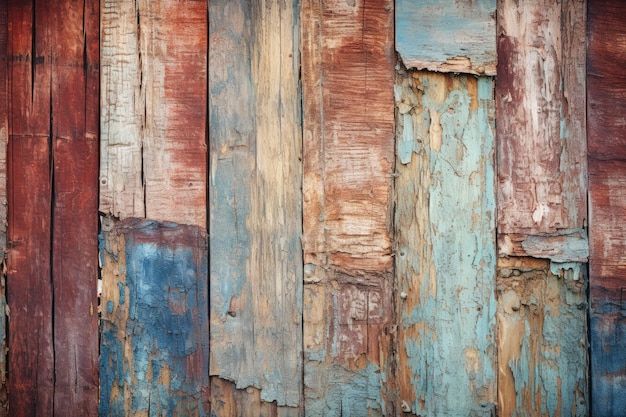 A wooden wall with a blue and red paint that says'old wood '