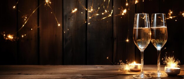 Wooden wall with champagne and sparkler