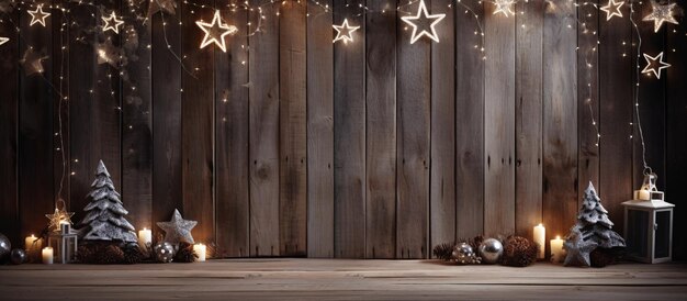 木製の壁にクリスマスの装飾と AI によるライト