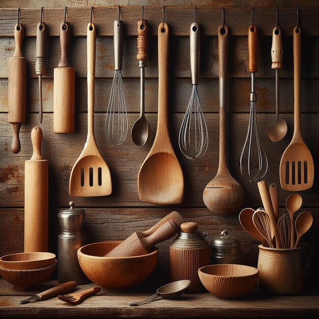 A wooden wall with many wooden spoons and wooden spoons hanging from the wall