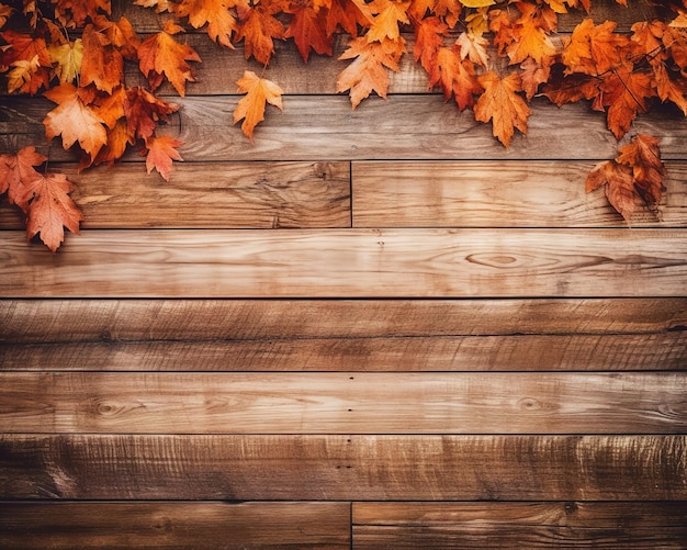 A wooden wall with orange leaves on it