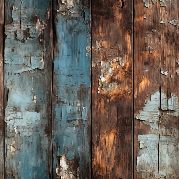 a wooden wall with peeling paint and a blue and brown paint