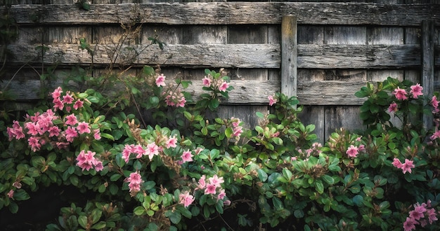 ピンクの花と緑の葉を持つ木製の壁