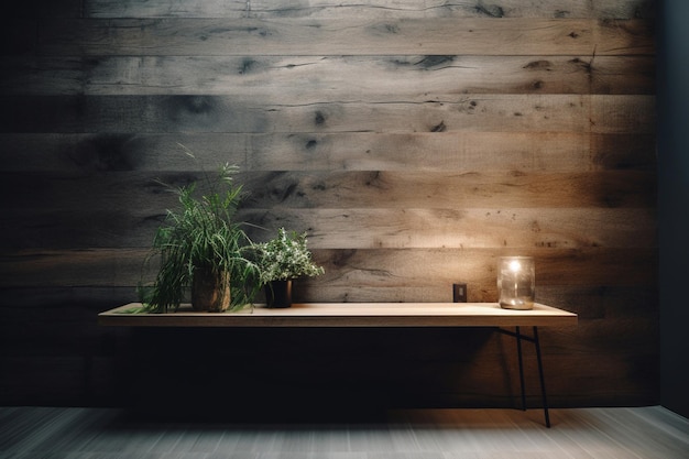 A wooden wall with a plant on it and a candle on the table.