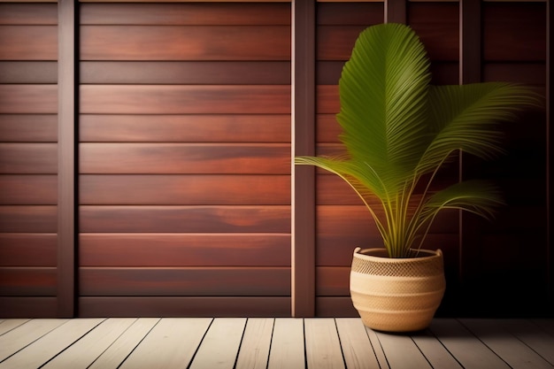 A wooden wall with a plant in a pot