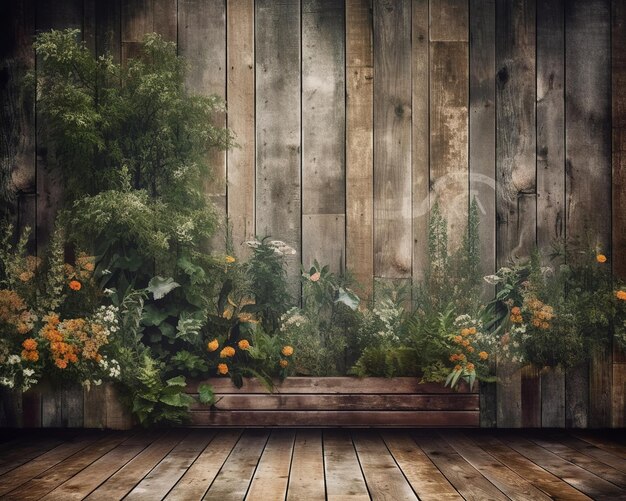 Photo a wooden wall with plants and flowers in the background