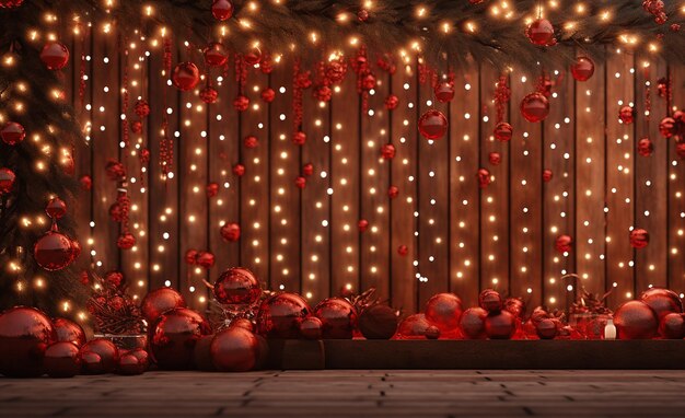 a wooden wall with red ornaments and lights on it