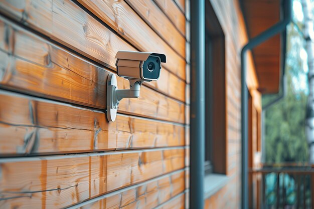 a wooden wall with a security camera on it