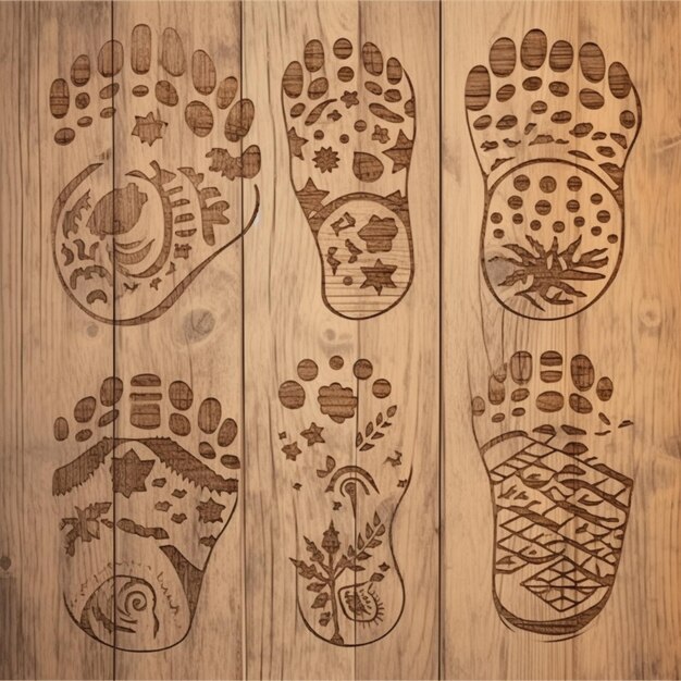 Photo a wooden wall with a set of footprints cut out of the wood.