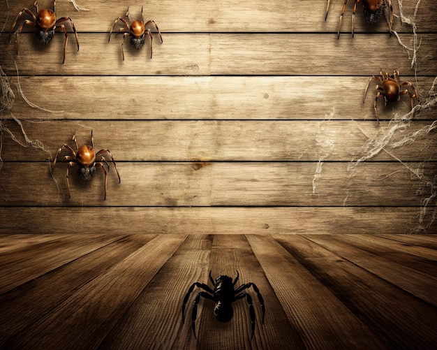 A wooden wall with spiders on it and a spider on the floor