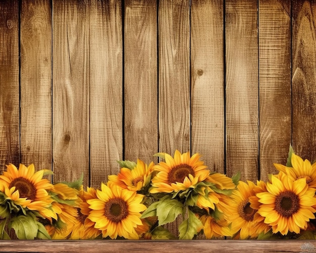 Photo a wooden wall with sunflowers on it