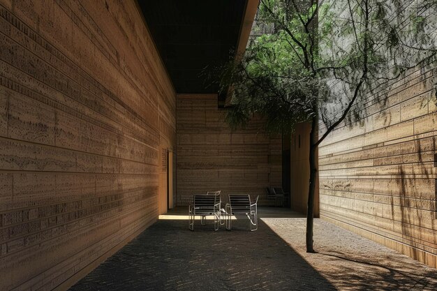 a wooden wall with a tree on it and a chair in the corner