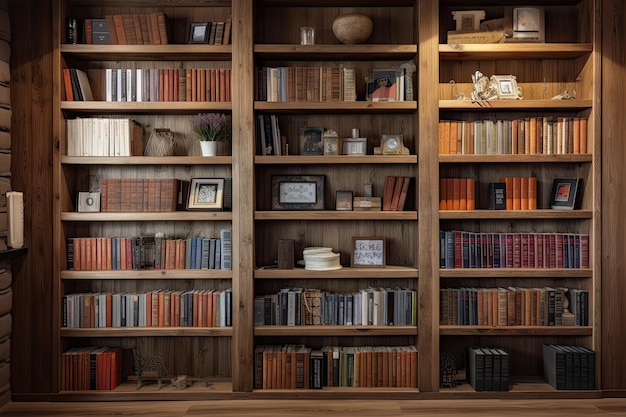 Wooden wall with vintage bookcase and collection of books created with generative ai