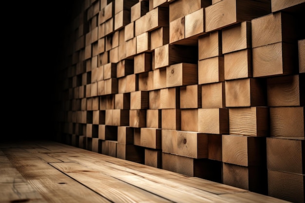 A wooden wall with a wooden table and a wooden block with the word wood on it.