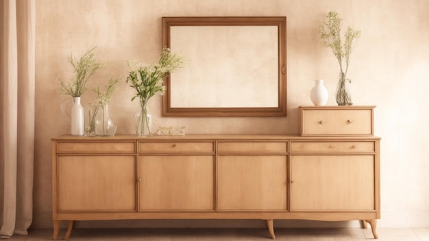 Photo a wooden wardrobe and mirror with wall