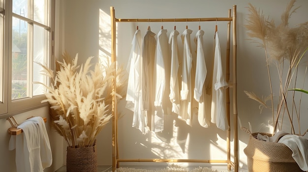 Wooden wardrobe with clothes on hangers in room Interior design