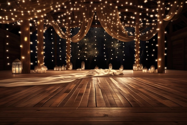 A wooden wedding floor with twinkling lights and blur background for events and festival celebration