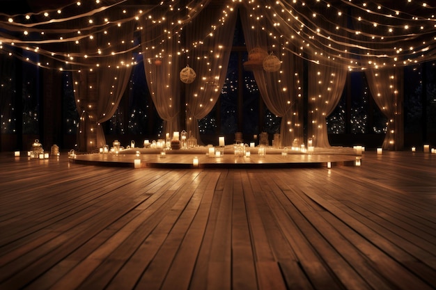 A wooden wedding floor with twinkling lights and blur background for events and festival celebration