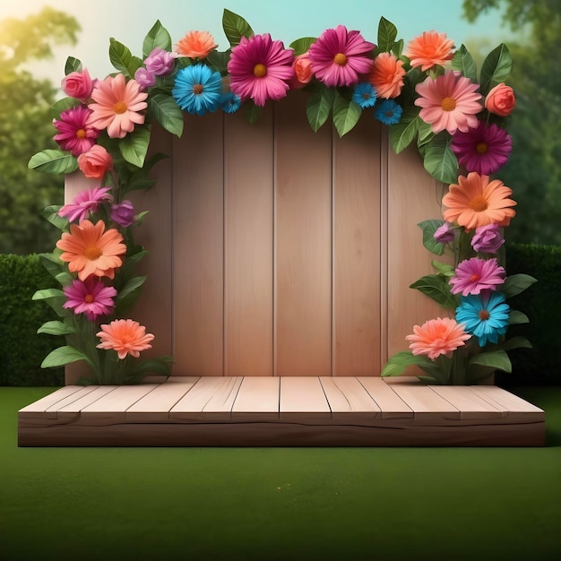 活気のある花の装飾と自然の太陽の照明を備えた木製の結婚式のステージ