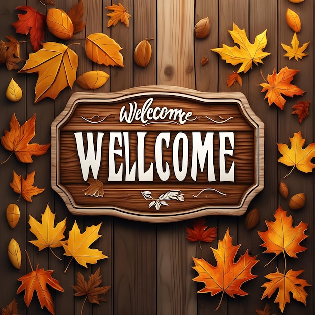 wooden welcome welcome sign with autumn leaves on wooden background