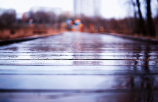 Foto percorso bagnato di legno nel fondo del bokeh del parco