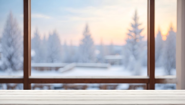 Wooden white table top and blurred winter landscape view from the window