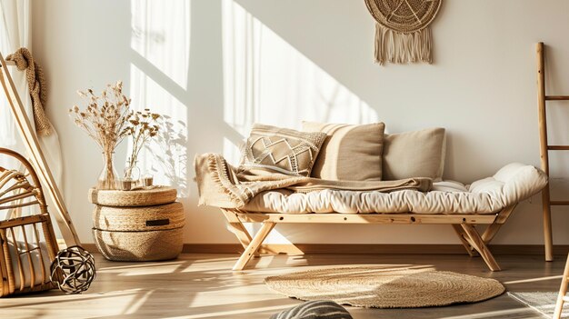 Wooden and wicker accessories in fashionable scandinavian living room interior AI Generative