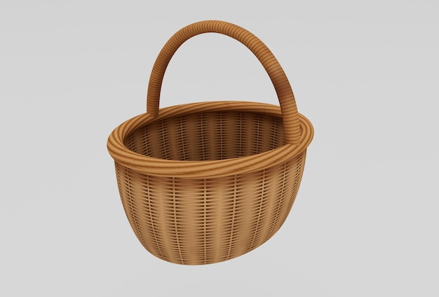 Wooden Wicker basket 3d rendering on white background minimal 3d illustration