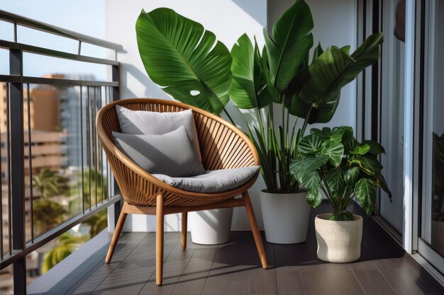 Wooden wicker chair on balcony with tropical plants closeup