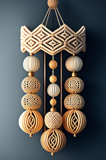 Photo a wooden wind chime with a wooden bead hanging from the top.