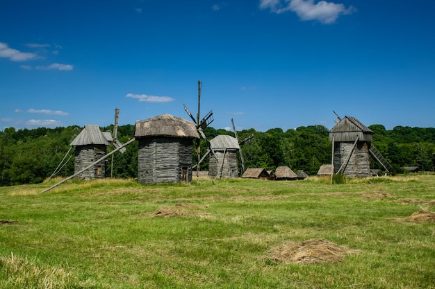 Wooden windmills in the village