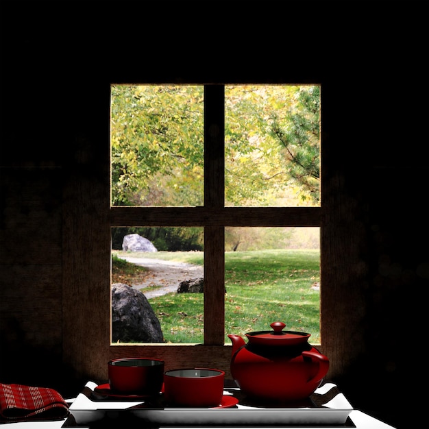 Wooden window overlook autumn scene